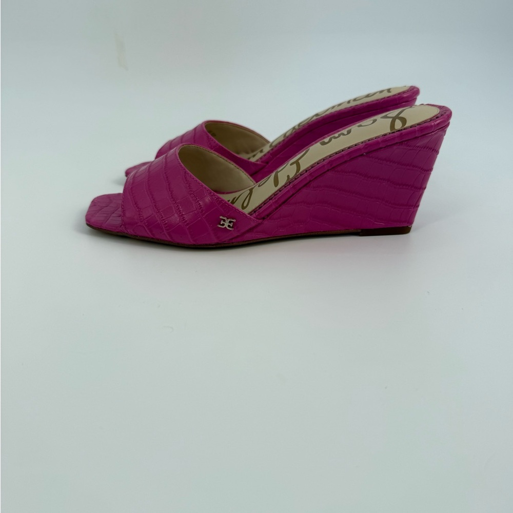 Sam Edelman Tesma Croc-Embossed Wedge Mules Hot -Pink Chic Statement Heels SZ-8 - Picture 6 of 17